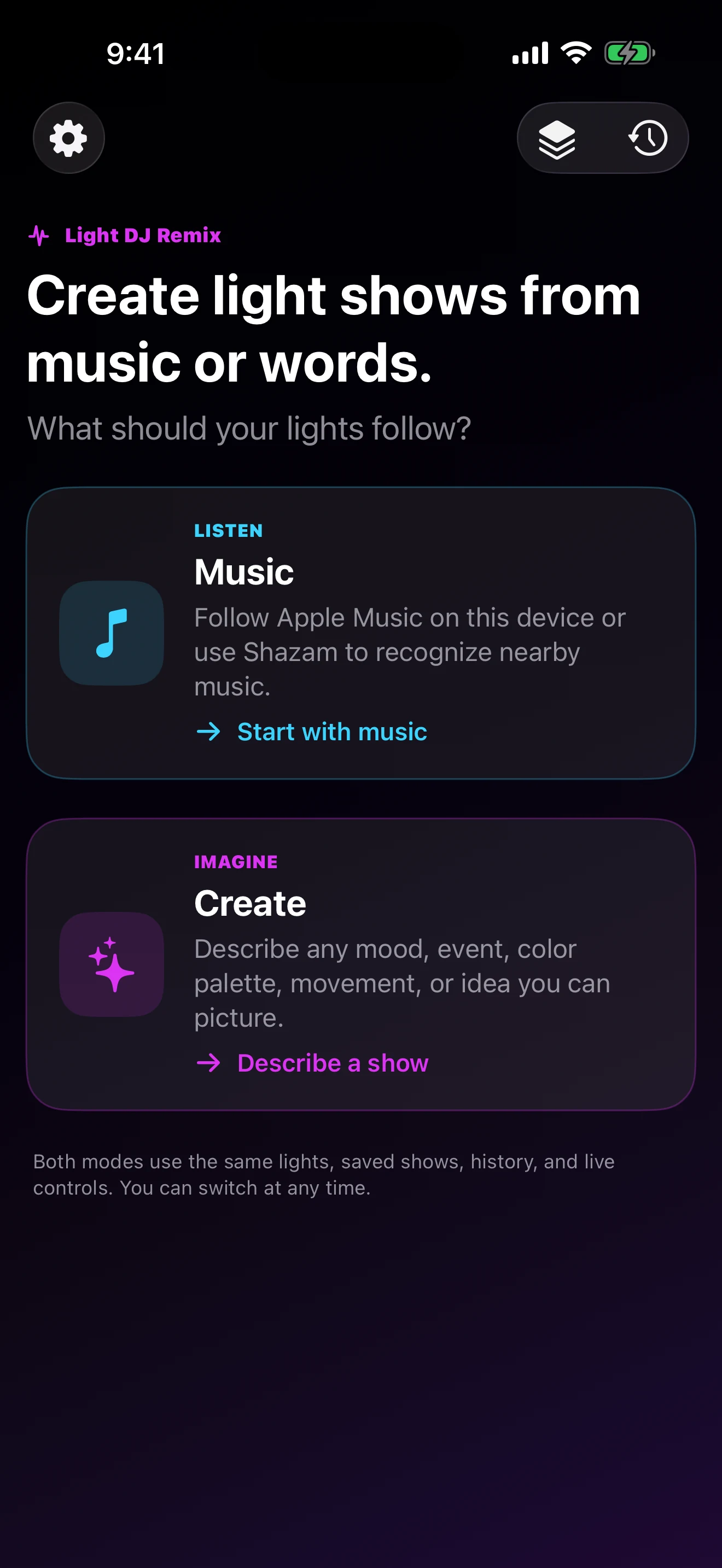Light DJ Remix showing the choice between Music and Create modes