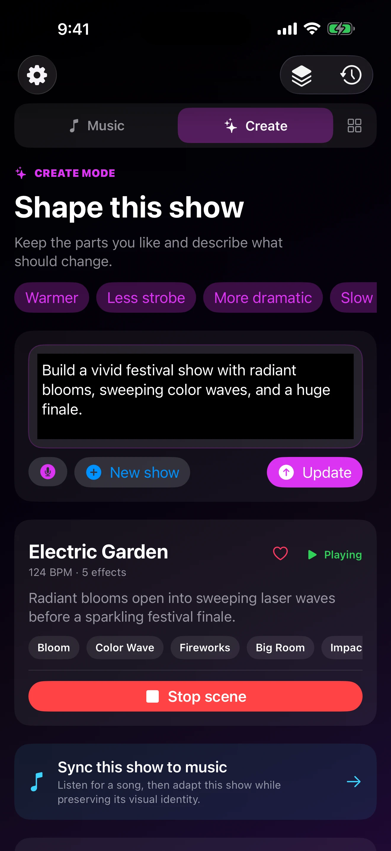 Light DJ Remix Create mode with a natural-language show prompt and the generated Electric Garden show
