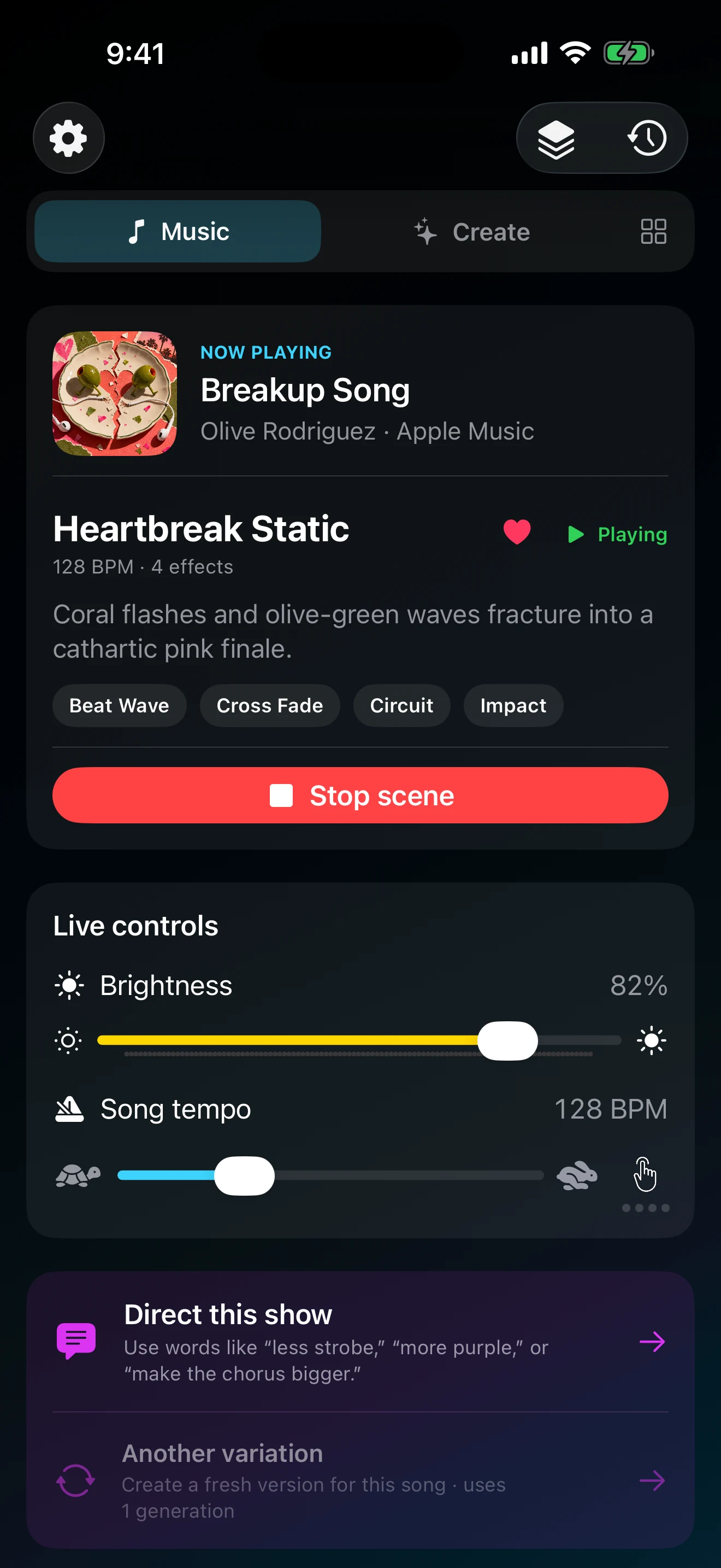 A fictional song playing in Light DJ Remix with a generated show and live brightness and tempo controls